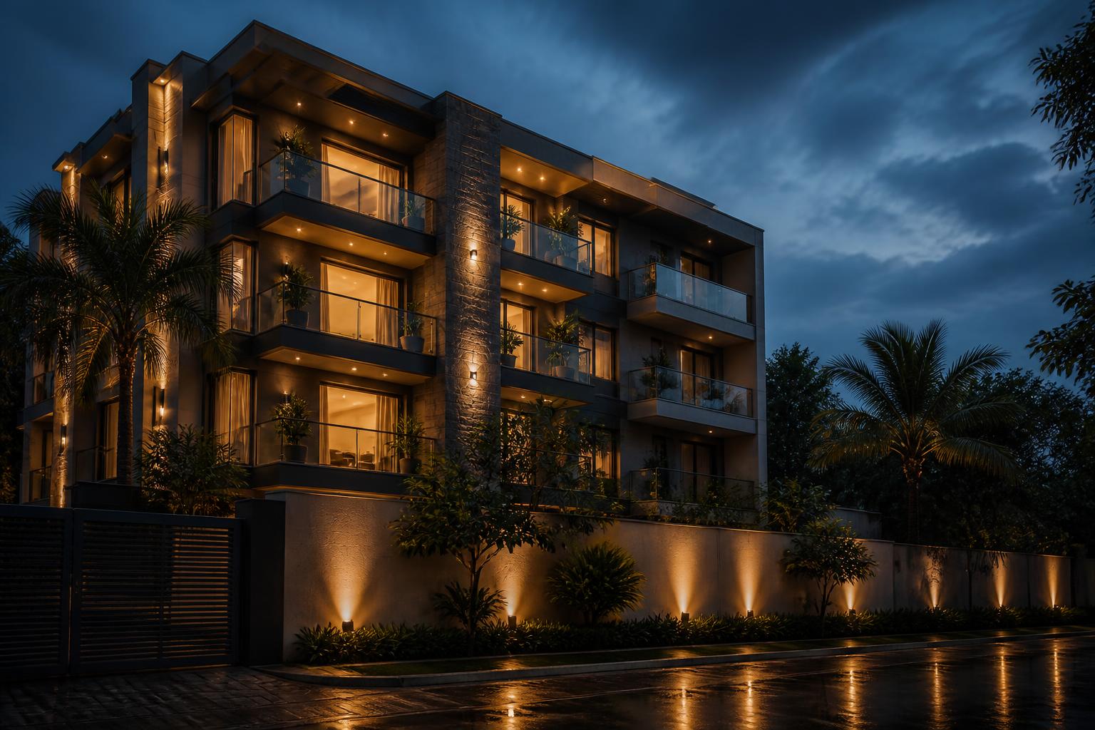 Premium PG building in Bangalore at dusk